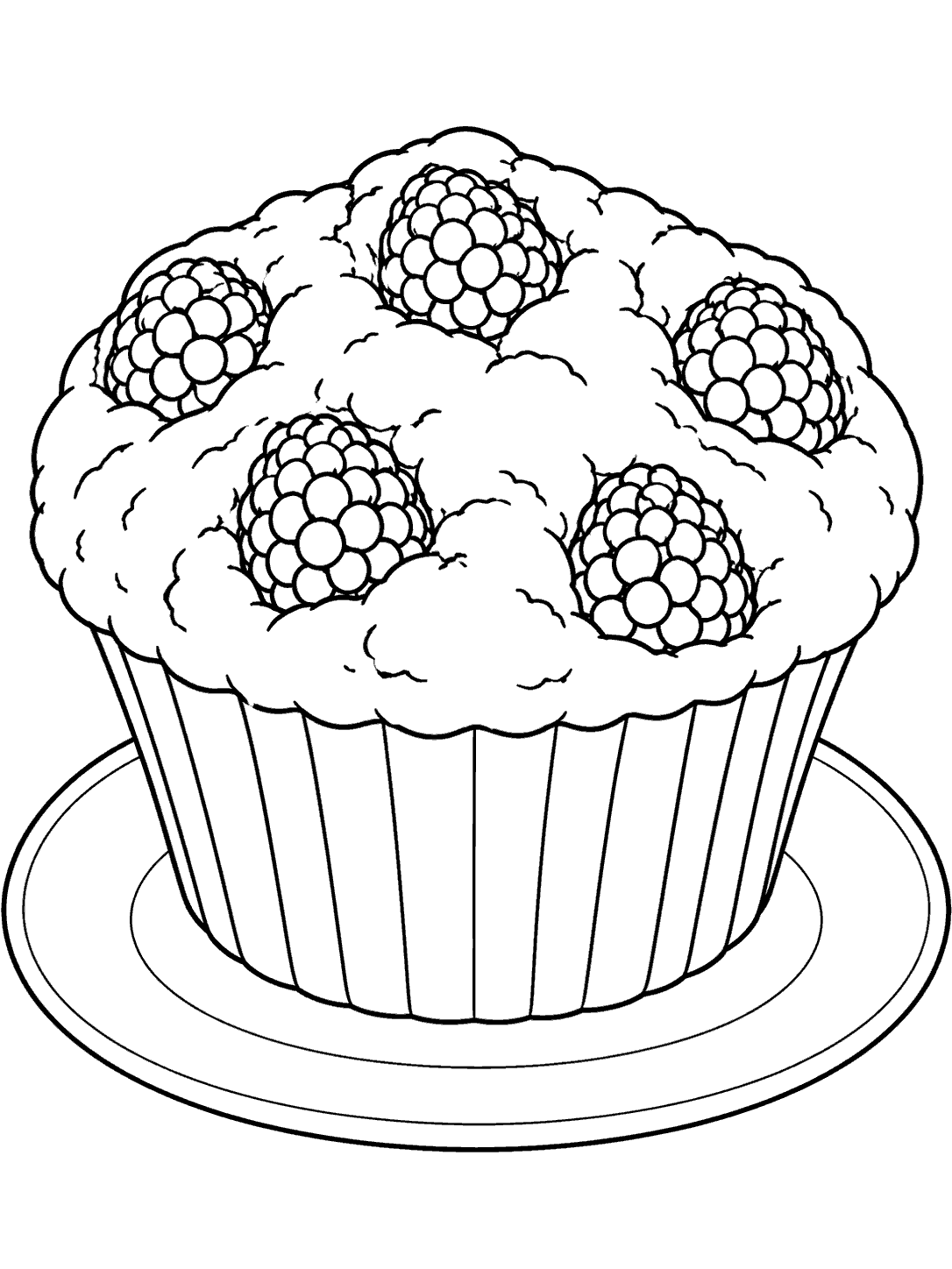 Black-outline coloring page of a raspberry muffin topped with five whole raspberries on a plate.