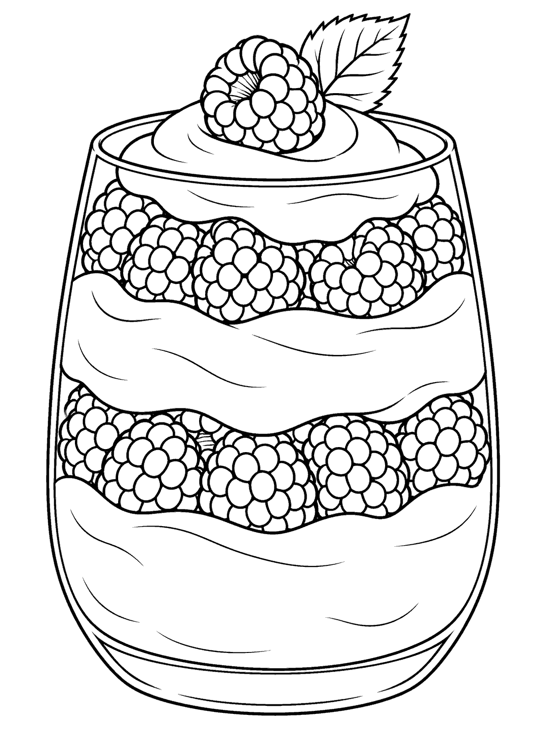 Black outline coloring page of a layered raspberry and yogurt parfait in a glass, topped with a raspberry and leaf.