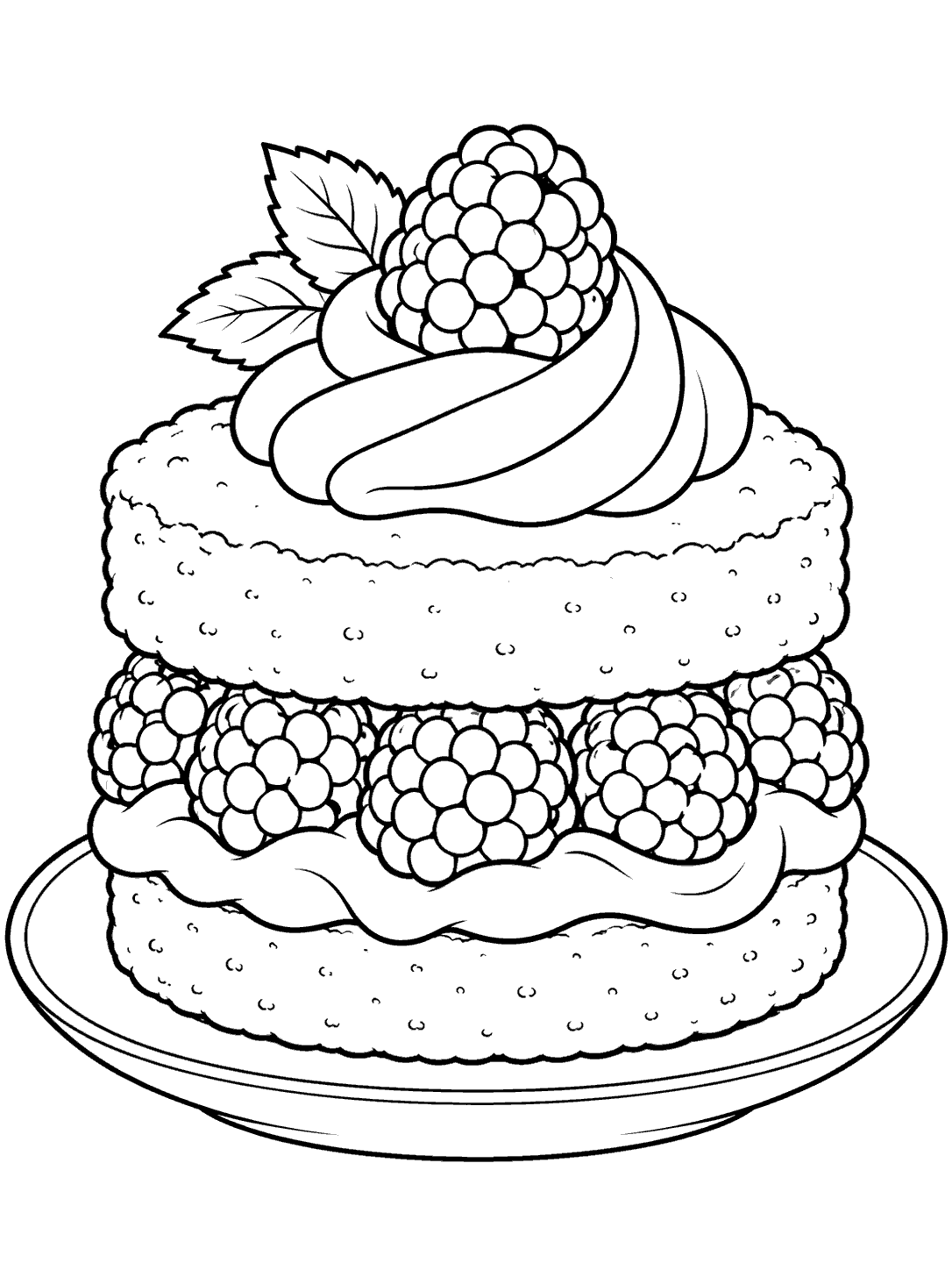 Raspberry shortcake coloring page with a raspberry layer, piped cream, and one berry on top, served on a plate.