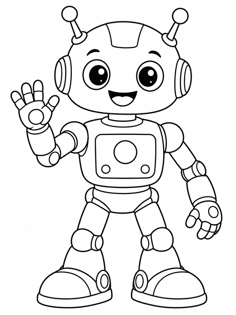 A friendly full-body robot with a rounded head, two antennae, a smiling face, chest panel, sturdy feet, and one raised waving hand, drawn in bold black outlines on white.