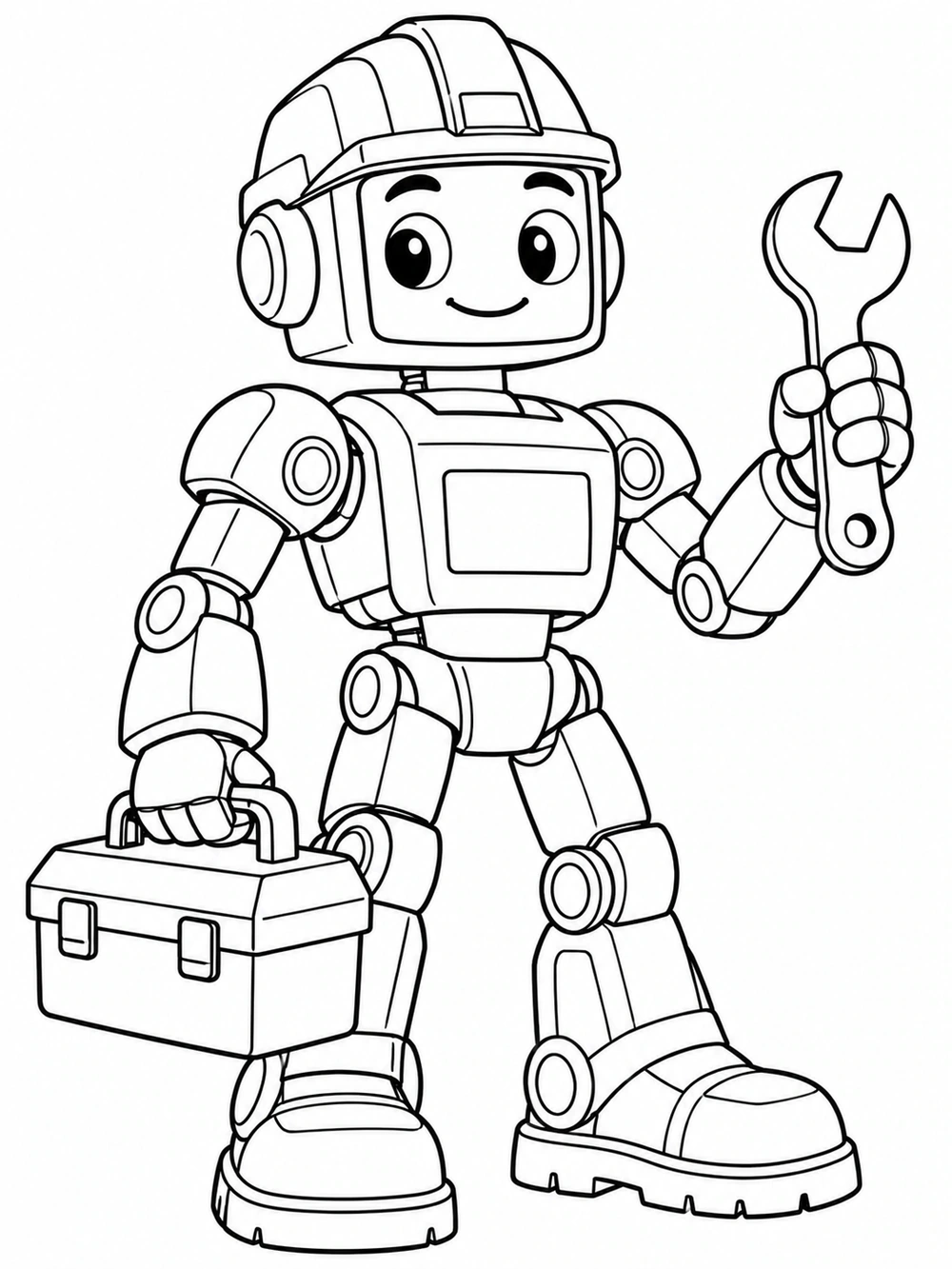 Full-body construction robot coloring page with a square helmet, chest panel, toolbox, wrench, and broad work boots.