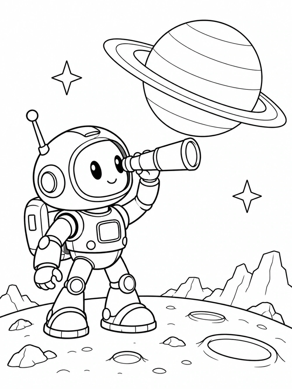 Robot explorer coloring page with a helmeted robot looking through a telescope at a ringed planet.