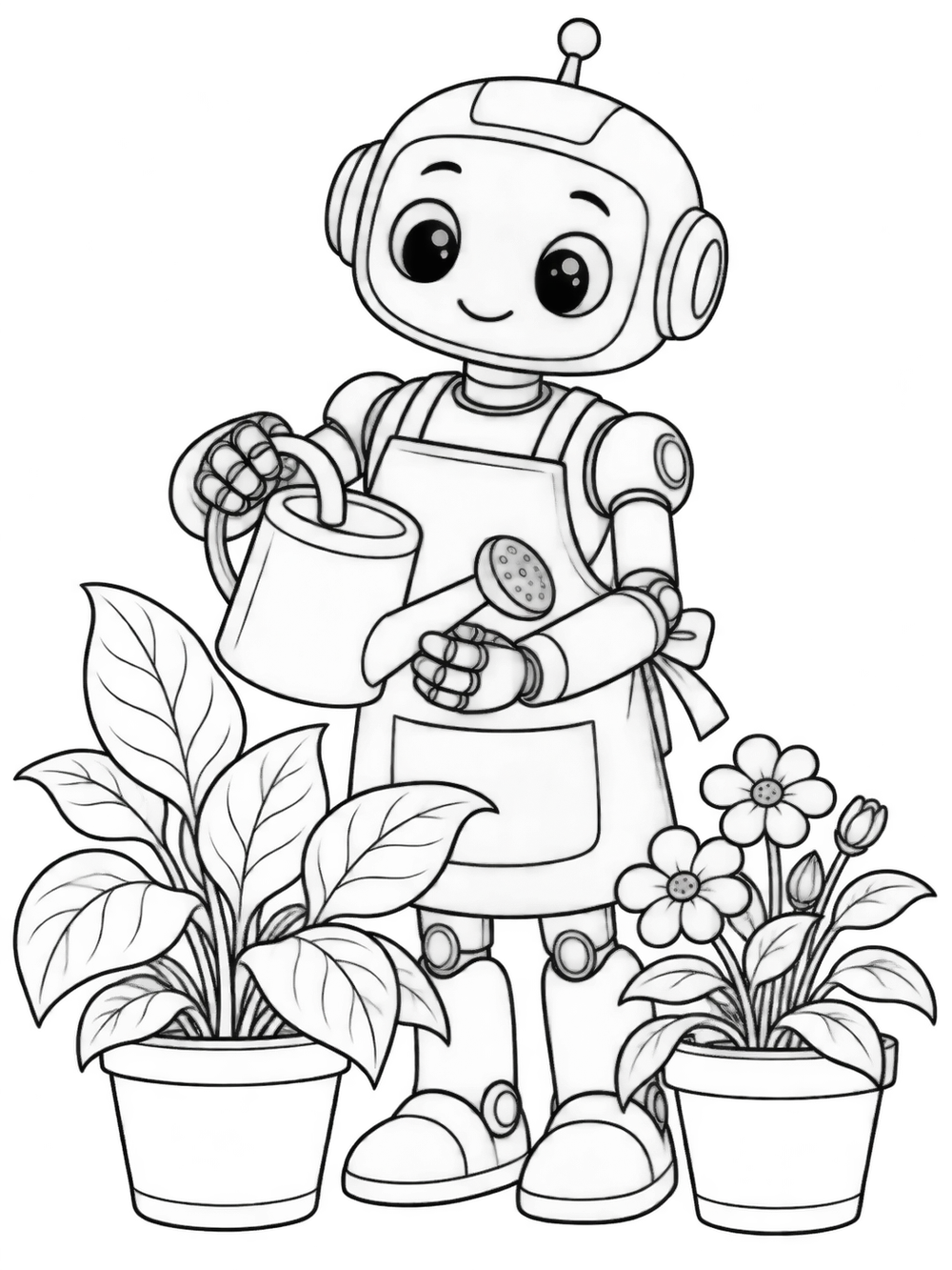 Robot gardener in an apron holding a watering can beside two potted plants, one with broad leaves and one with flowers.