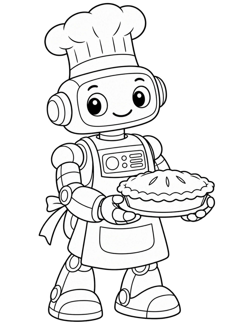 Black-outline coloring page of a smiling robot chef in a tall hat and apron, holding a crimped pie on a plate.