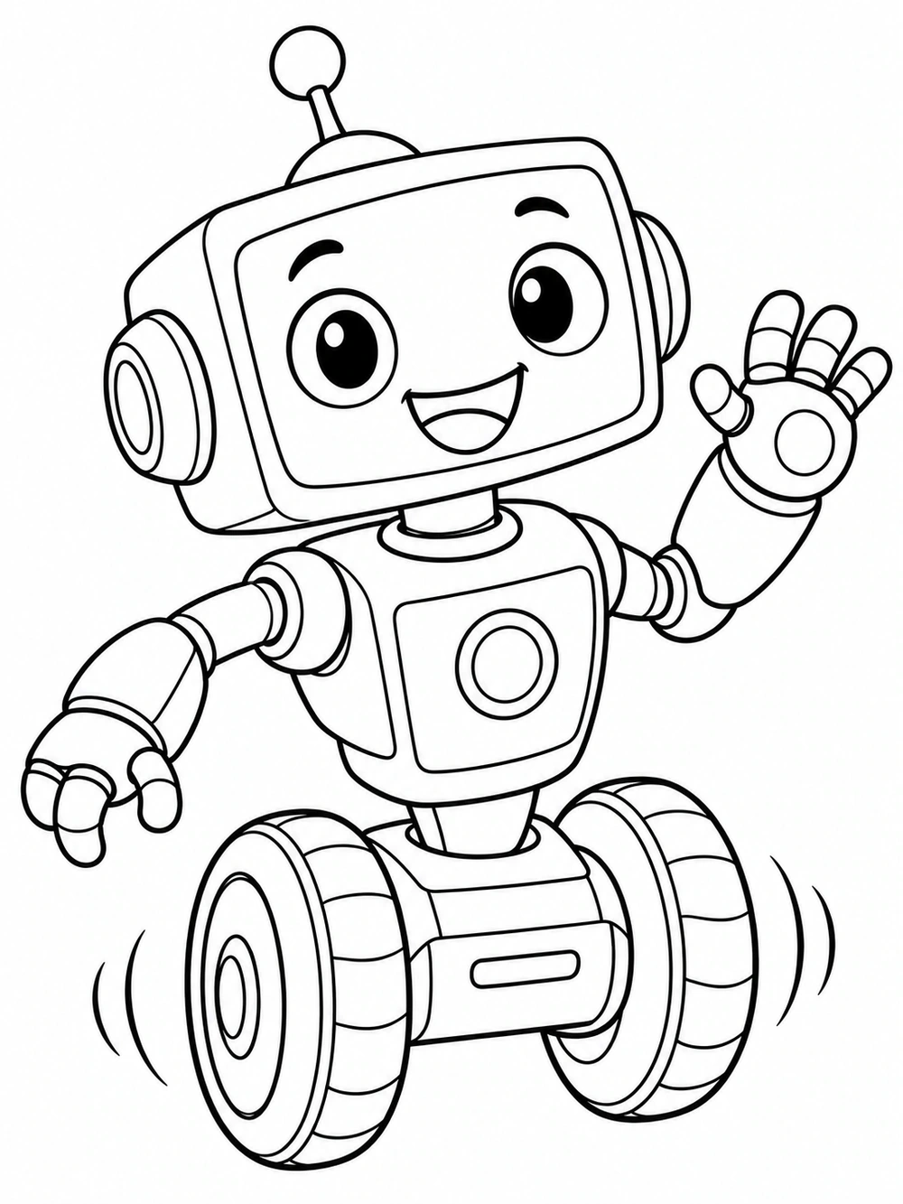 Smiling box-headed robot with an antenna, raised hand, and two-wheel base, surrounded by motion curves.