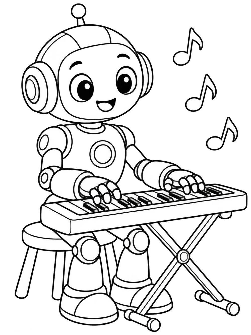 Black-outline coloring page of a seated robot musician playing a keyboard on a stand, with three outlined music notes.