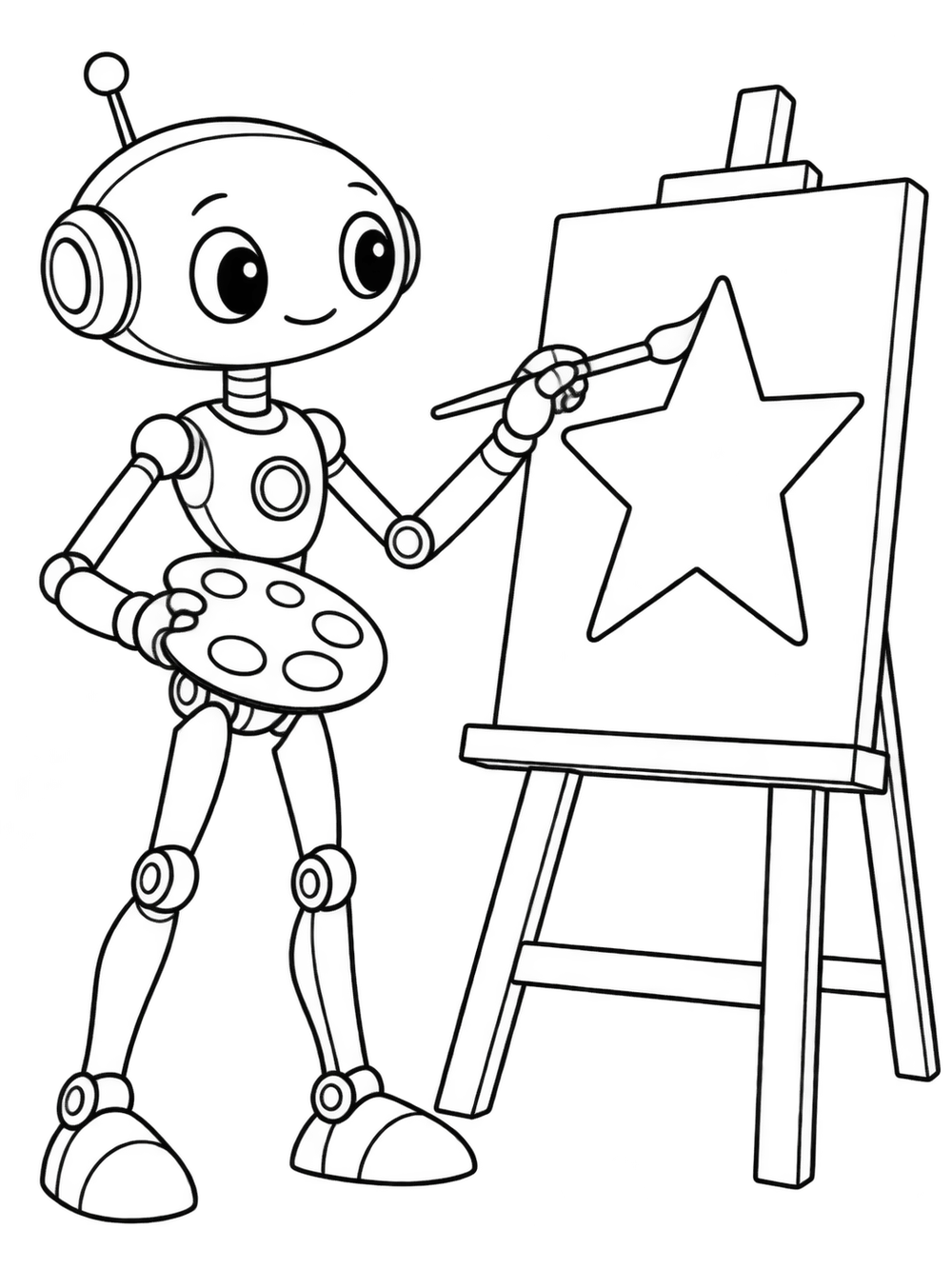Slim oval-headed robot with segmented limbs painting a large star on an easel, with a palette in its other hand.