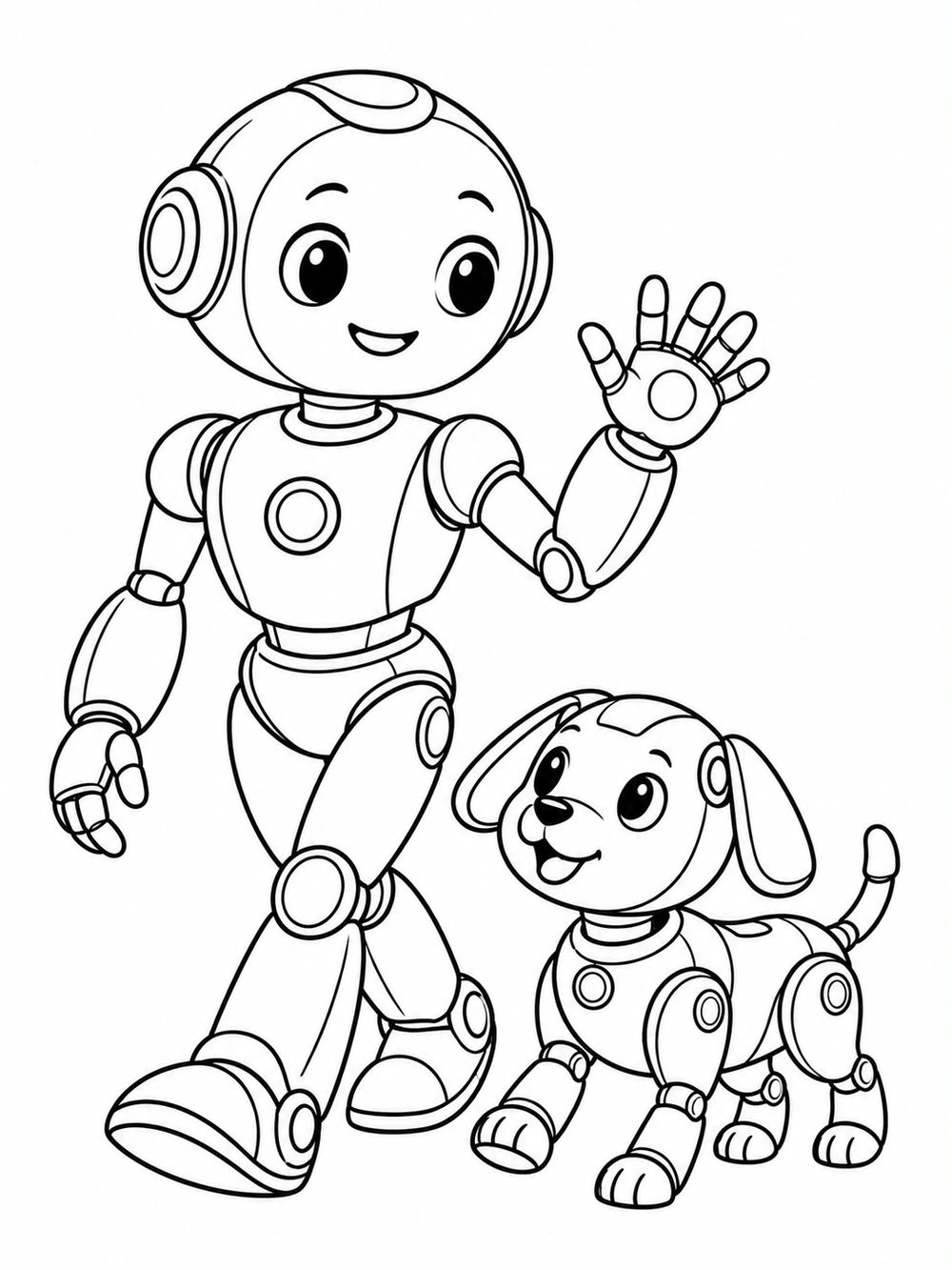 Black outline coloring page showing a round-headed robot waving beside a small four-legged mechanical dog with floppy panel ears and a curved tail.