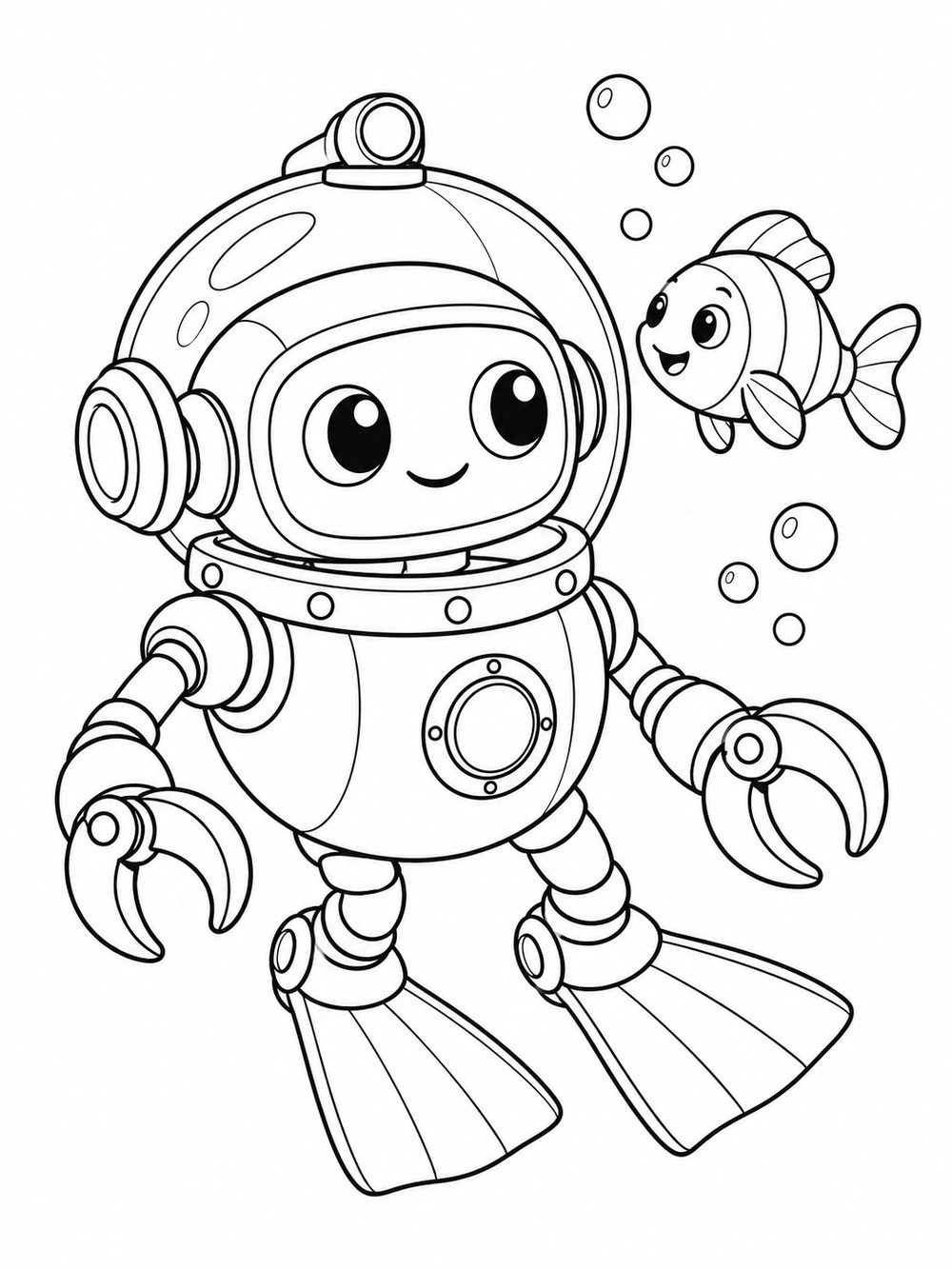 Underwater robot coloring page with a friendly fish and bubbles