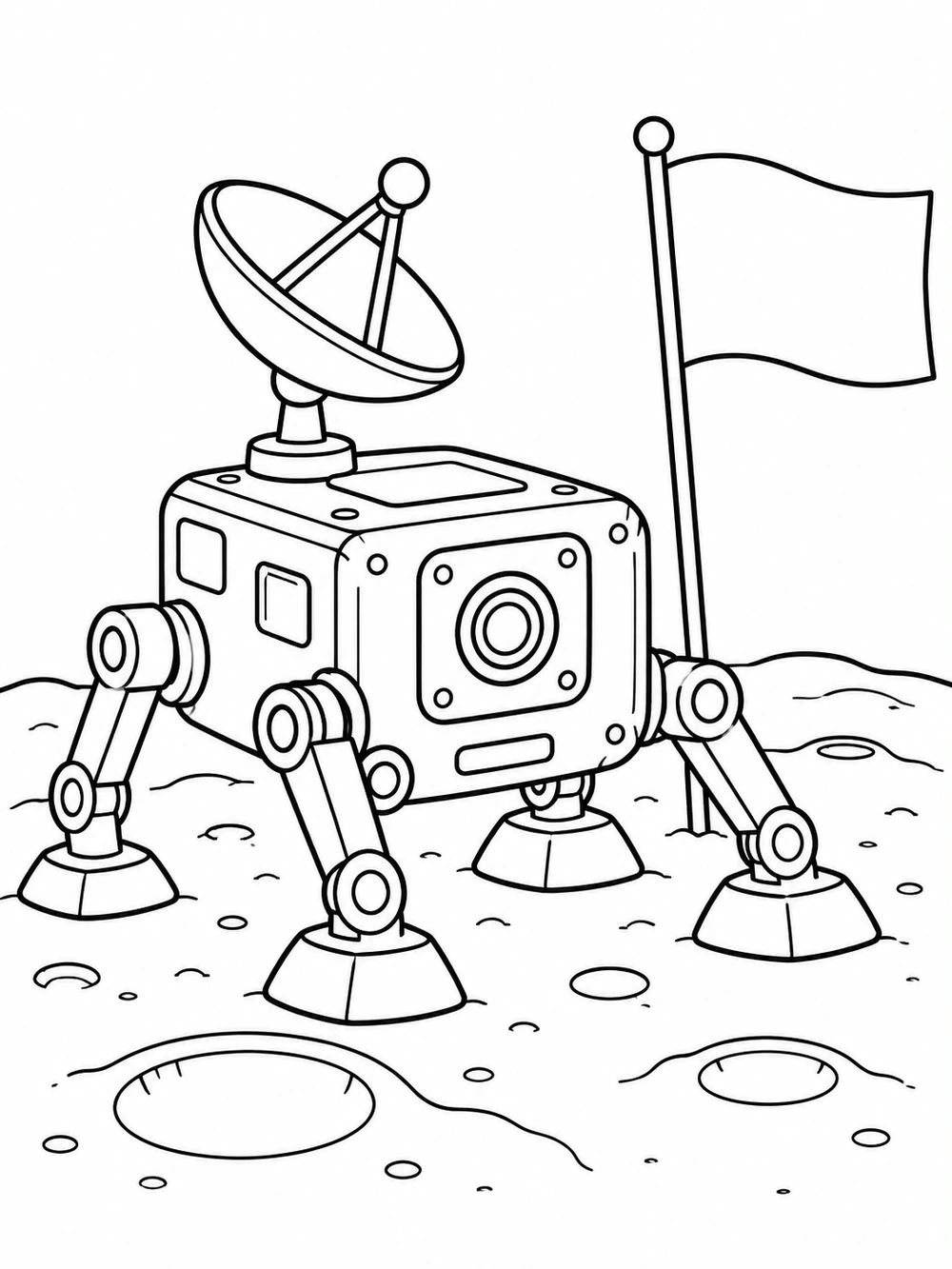 Black-and-white coloring page of a squat lunar robot with a dish antenna, four sturdy legs, a blank flag, and cratered ground.