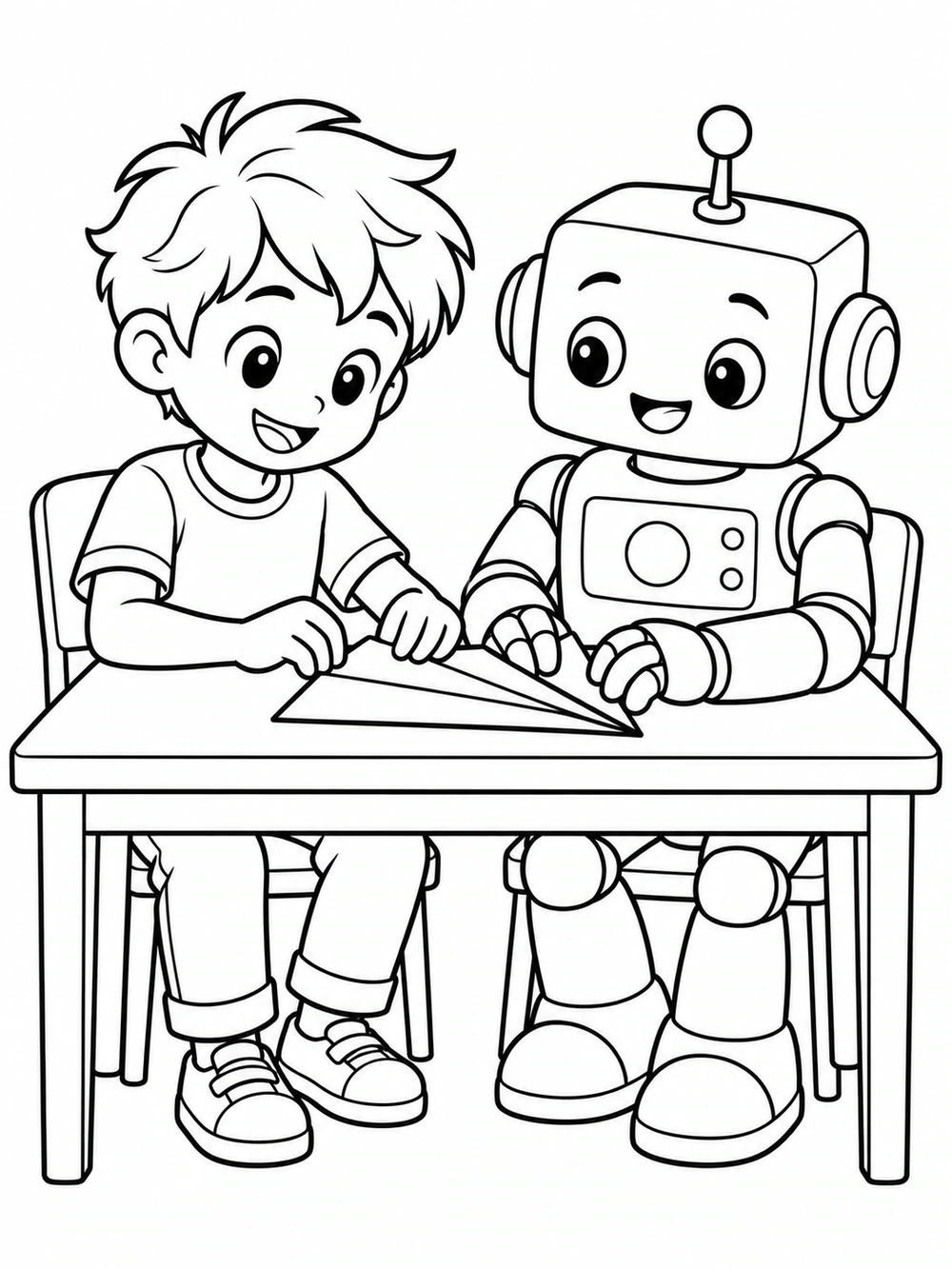 Black line art of a child and square-headed robot folding a paper airplane at a table