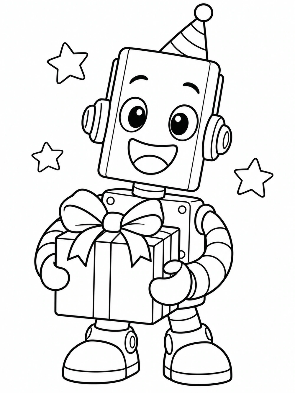 Black outline coloring page of a smiling rectangular-headed robot in a party hat holding a large bow-wrapped gift, with three outlined stars.