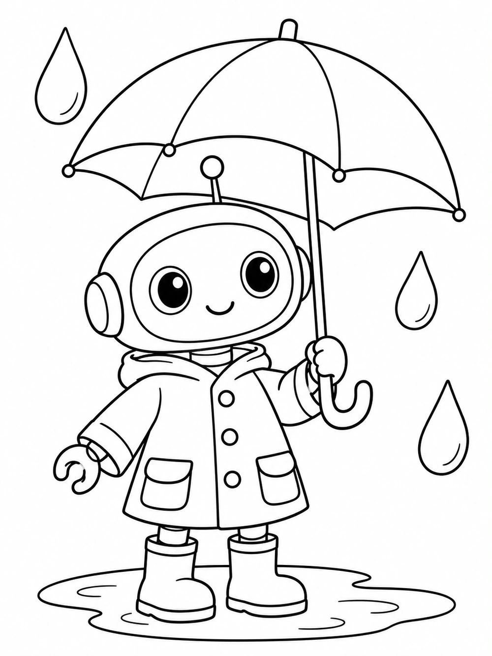 Smiling robot in a raincoat and short boots holds an open umbrella above a puddle, with three raindrops around it.