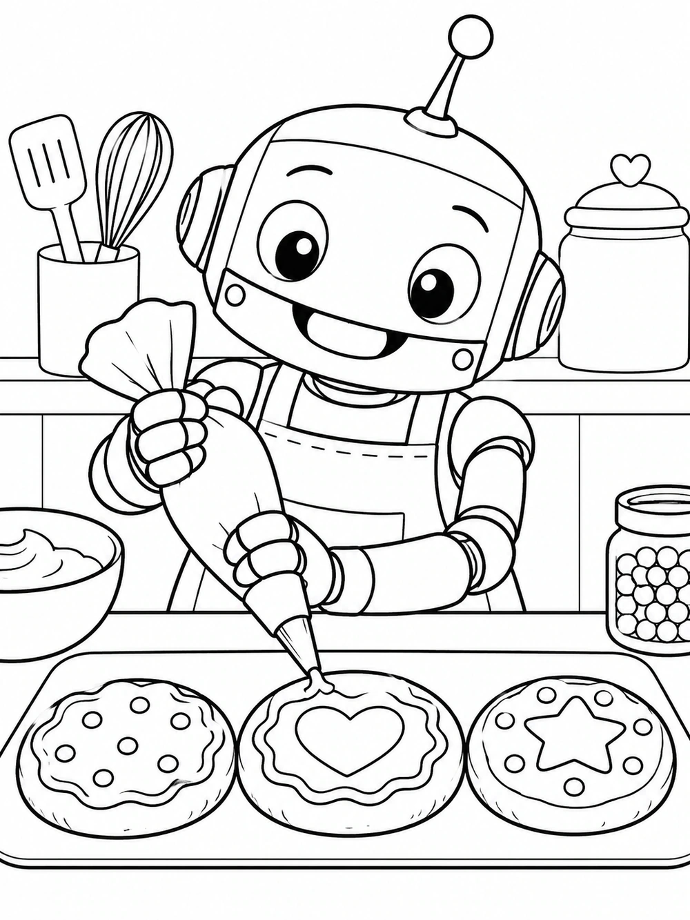 Smiling robot in an apron piping icing onto three round cookies behind a counter
