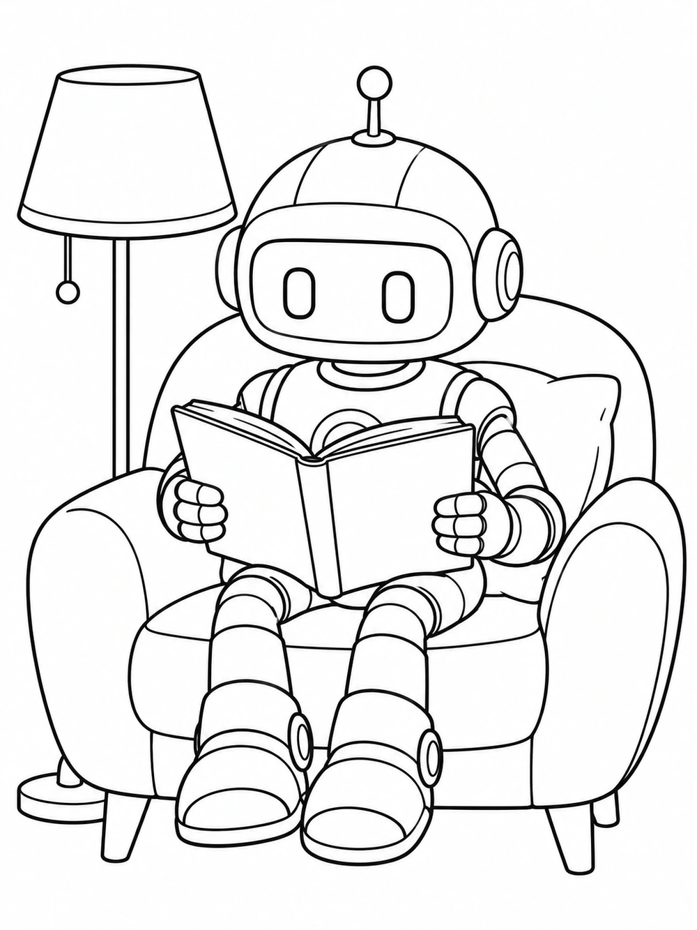 Printable black-and-white coloring page of a domed robot reading in a rounded armchair beside a floor lamp.