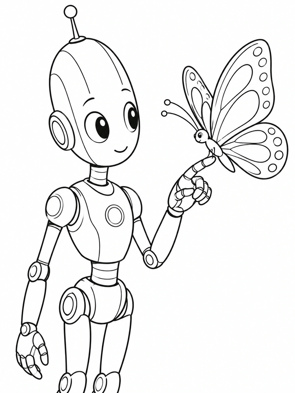 A slim, smiling robot with an antenna extends one finger toward a large butterfly with patterned wings in a black-and-white coloring page.