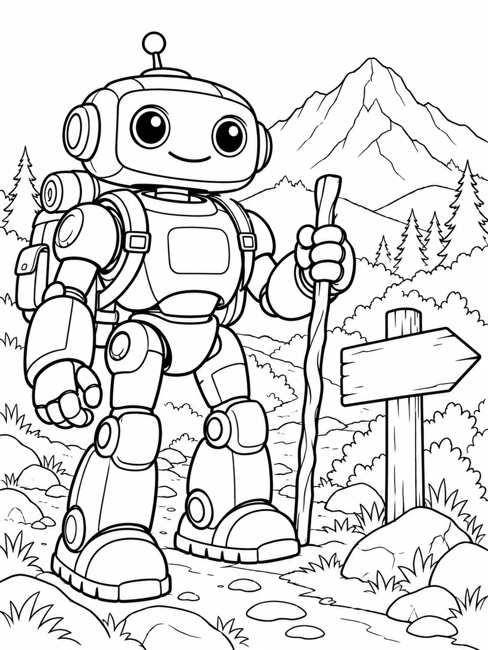 Black and white coloring page of a backpack-wearing robot hiker with a walking stick beside a blank trail sign, mountain and trees in the background.
