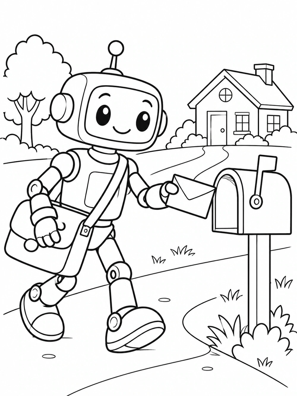 Friendly robot courier carrying an envelope beside a mailbox, with a house in the background, in a black line art coloring page.