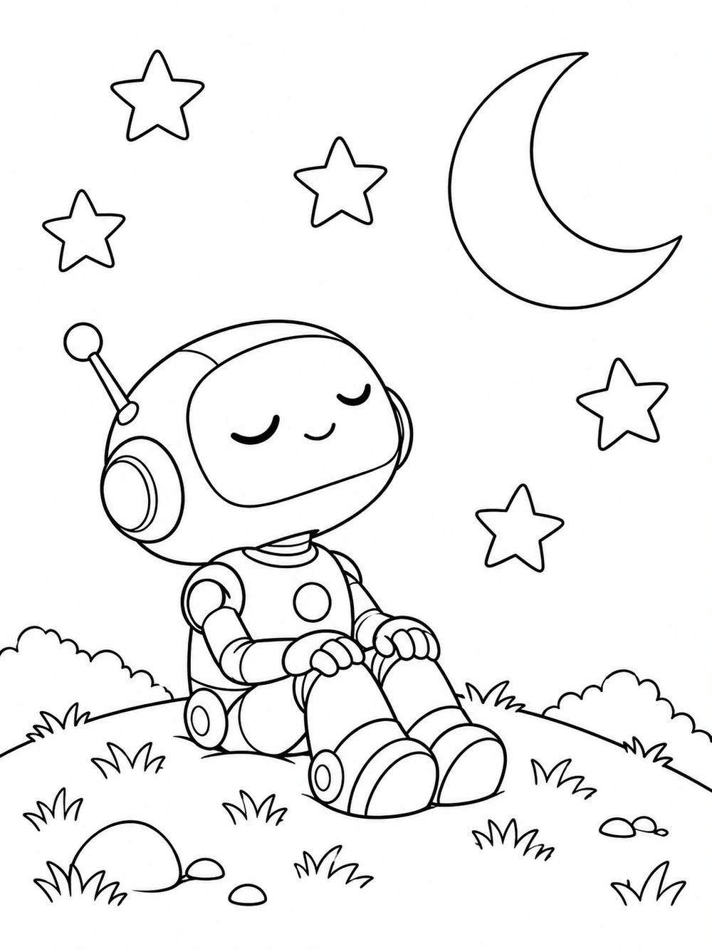 Sleepy robot sitting on a grassy hill with closed eyes beneath a crescent moon and five outlined stars, in a black-and-white coloring page.