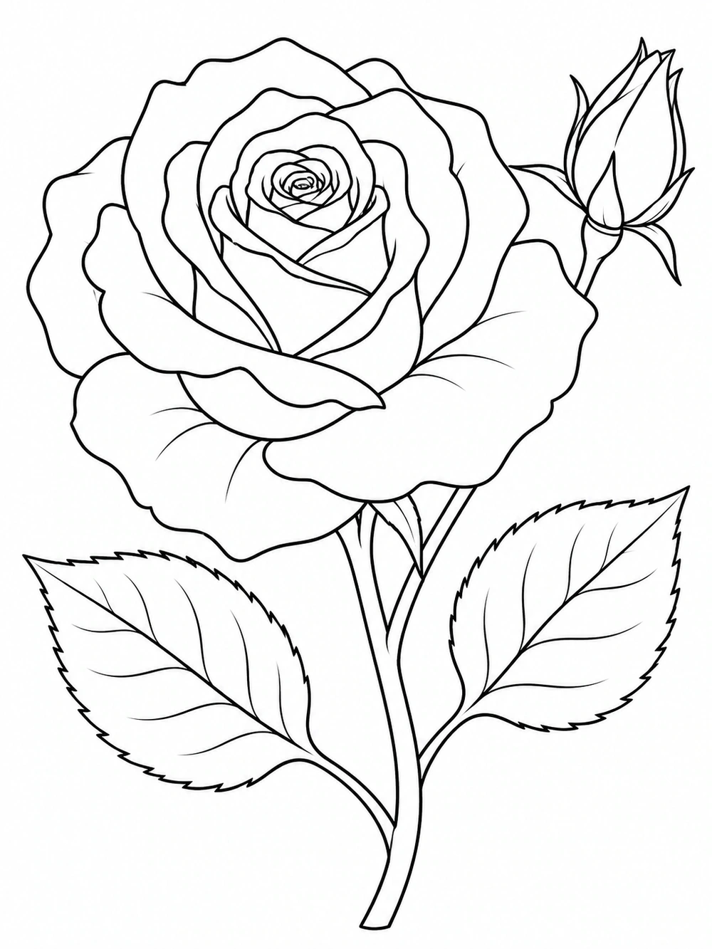 A large open rose with two broad leaves and a bud, drawn in black outline on white.
