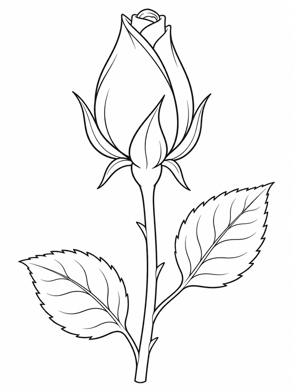 A closed rosebud with pointed sepals and two leaves.
