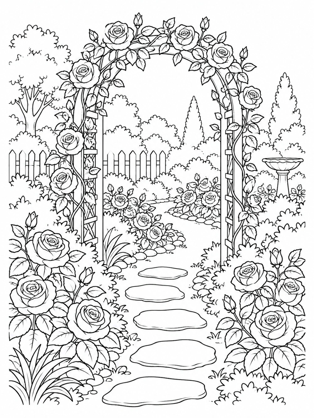 A detailed black-and-white rose garden coloring page with a rose-covered arch over a stepping-stone path, low rose bushes, and garden greenery.