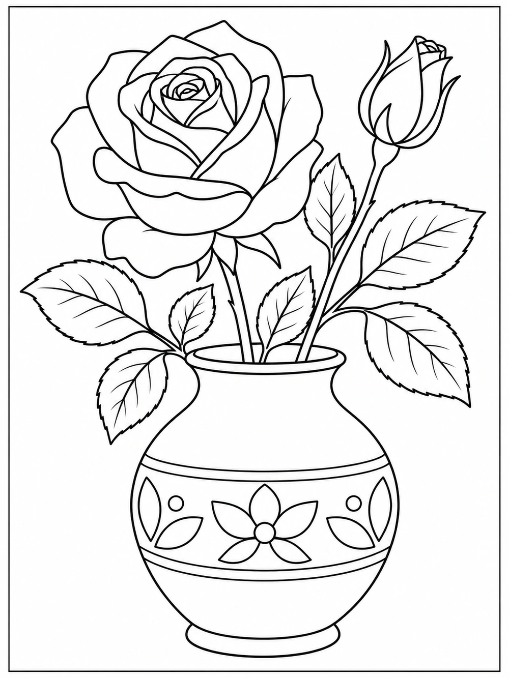 Black-and-white coloring page showing an open rose, a rosebud, and leafy stems in a rounded vase with a floral band.