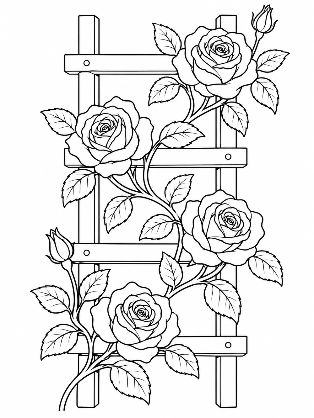 Several roses, buds, and leaves climb diagonally across a wooden trellis.