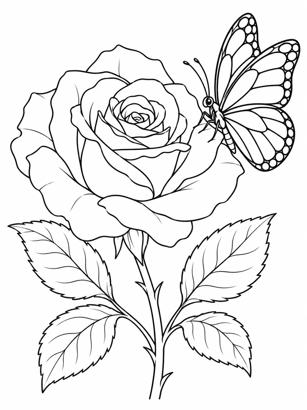 A broad-winged butterfly perched near an open rose, with leaves on its stem.