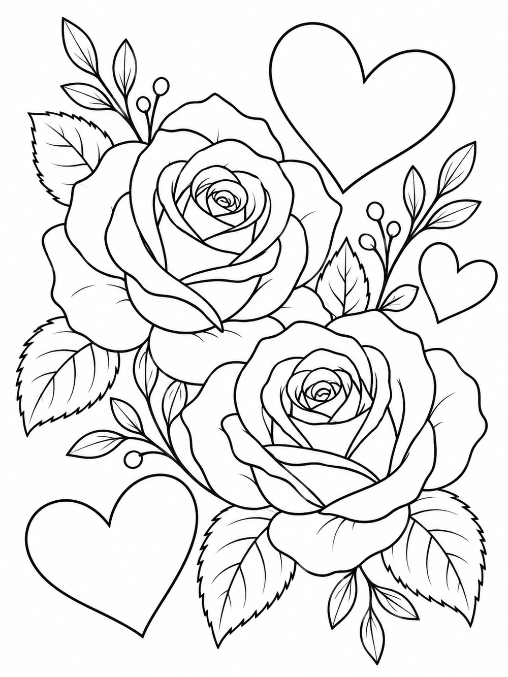 Two roses framed by large hearts and leafy sprigs.