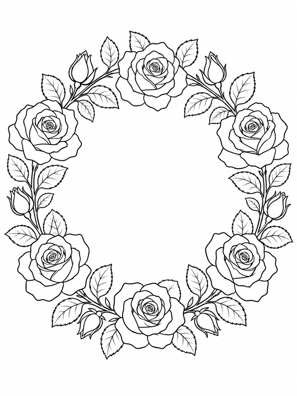 A circular wreath made of roses, buds, and leaves.