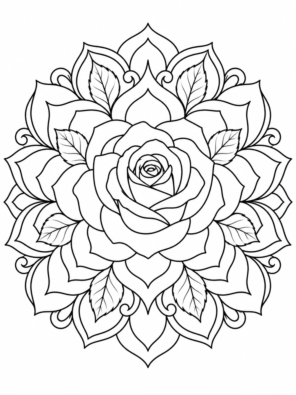 A symmetrical rose mandala with a clear central bloom and layered petal rings, drawn in black outlines on white.