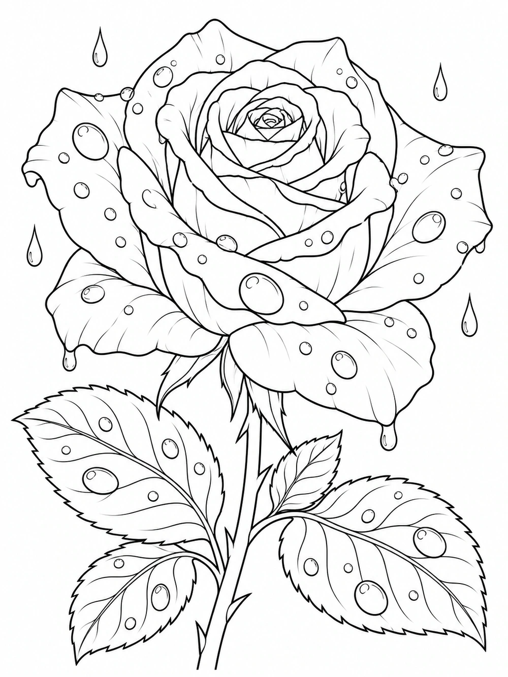 A large open rose with rounded raindrops on its petals and leaves, plus a few falling droplets.