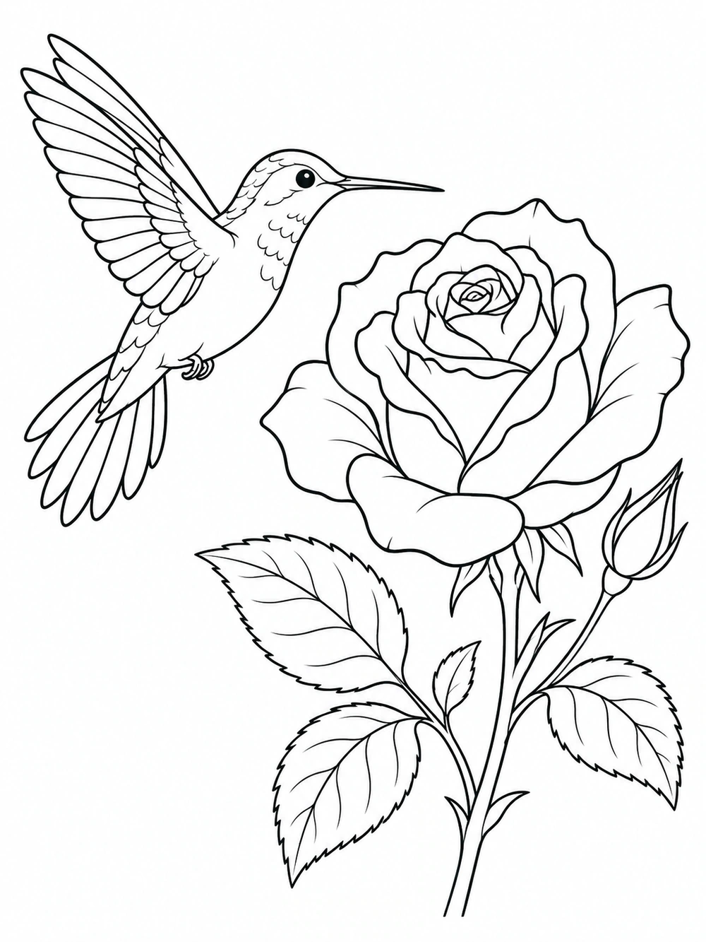 A hummingbird hovering beside a large open rose.