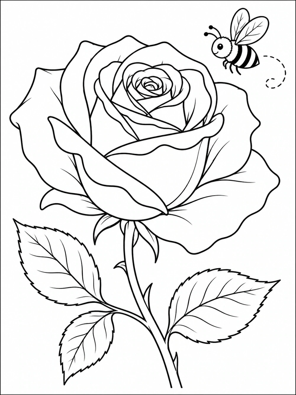 Black outline coloring page of a large blooming rose on a curved leafy stem, with a small striped bee and flight trail above it.