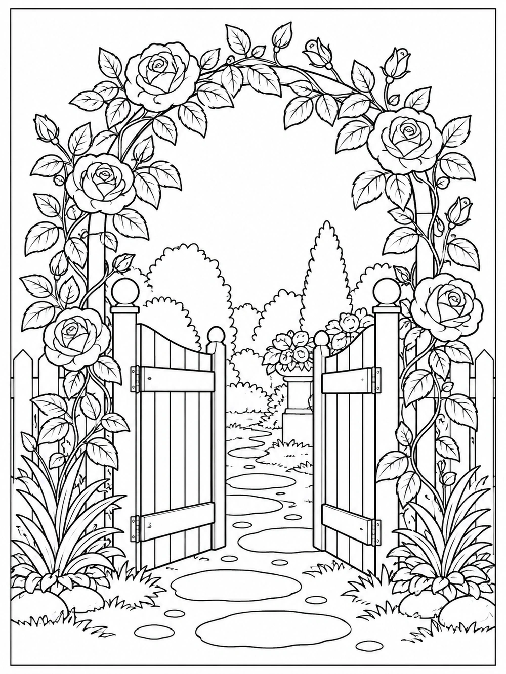 A garden gate framed by blooming rose vines and a path.