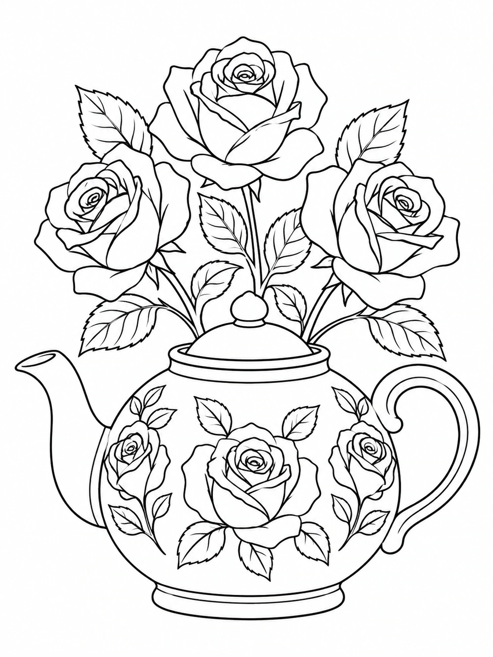 A small bouquet of roses arranged inside a rounded teapot.