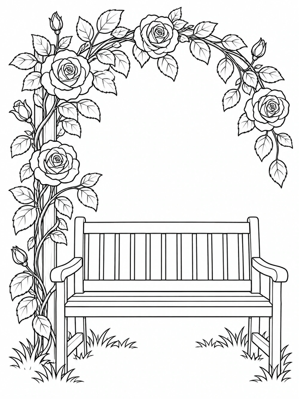 A slatted garden bench beneath an arching rose vine with open roses, buds, and broad leaves.
