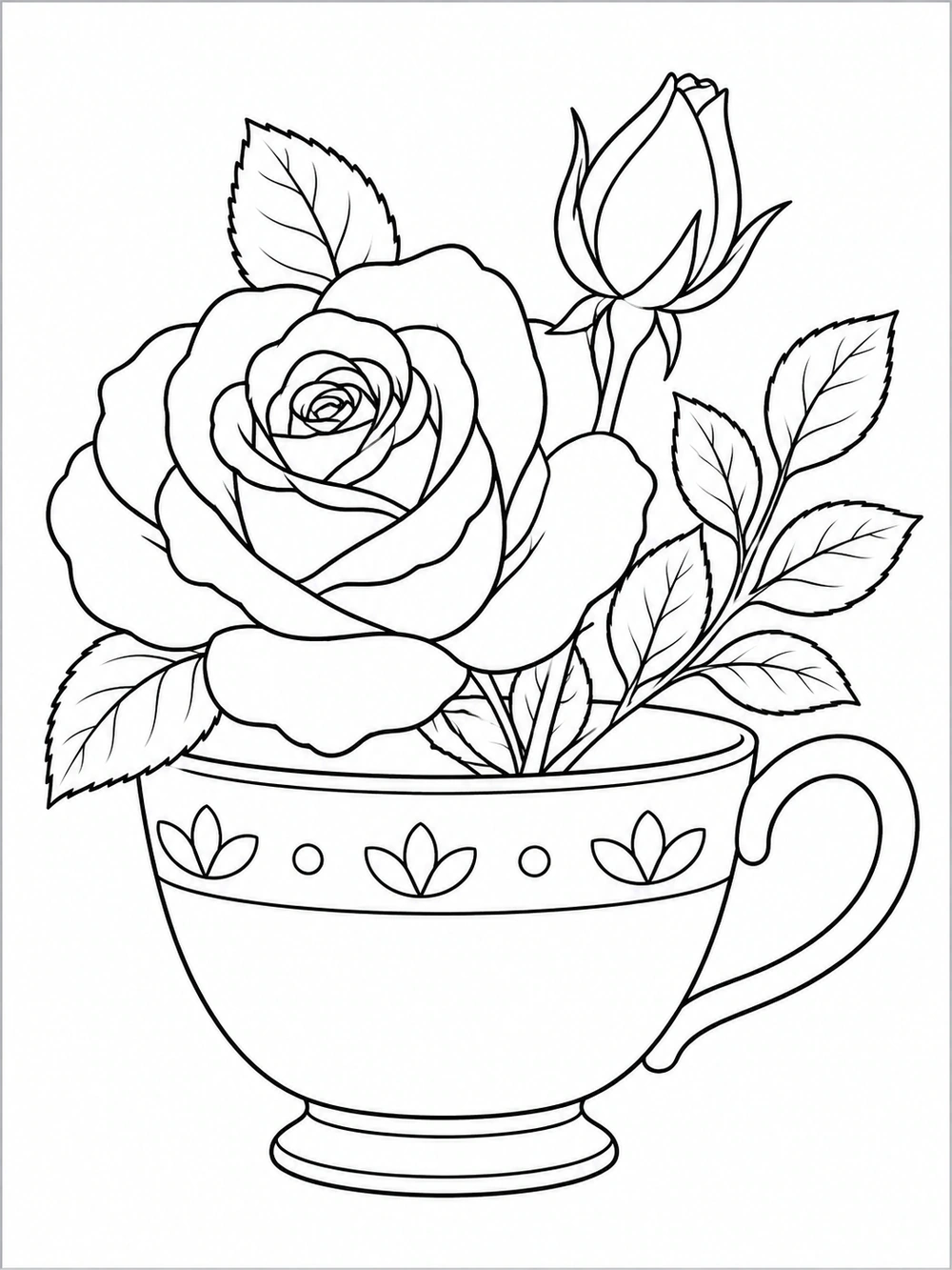 Black outline coloring page of an open rose, one bud, and a leafy sprig arranged in a wide teacup with a large handle and decorative band.
