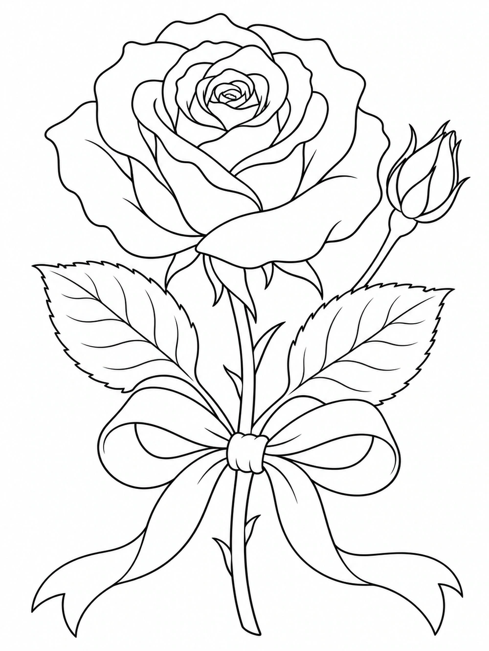 A large rose with a flowing ribbon tied around its stem.