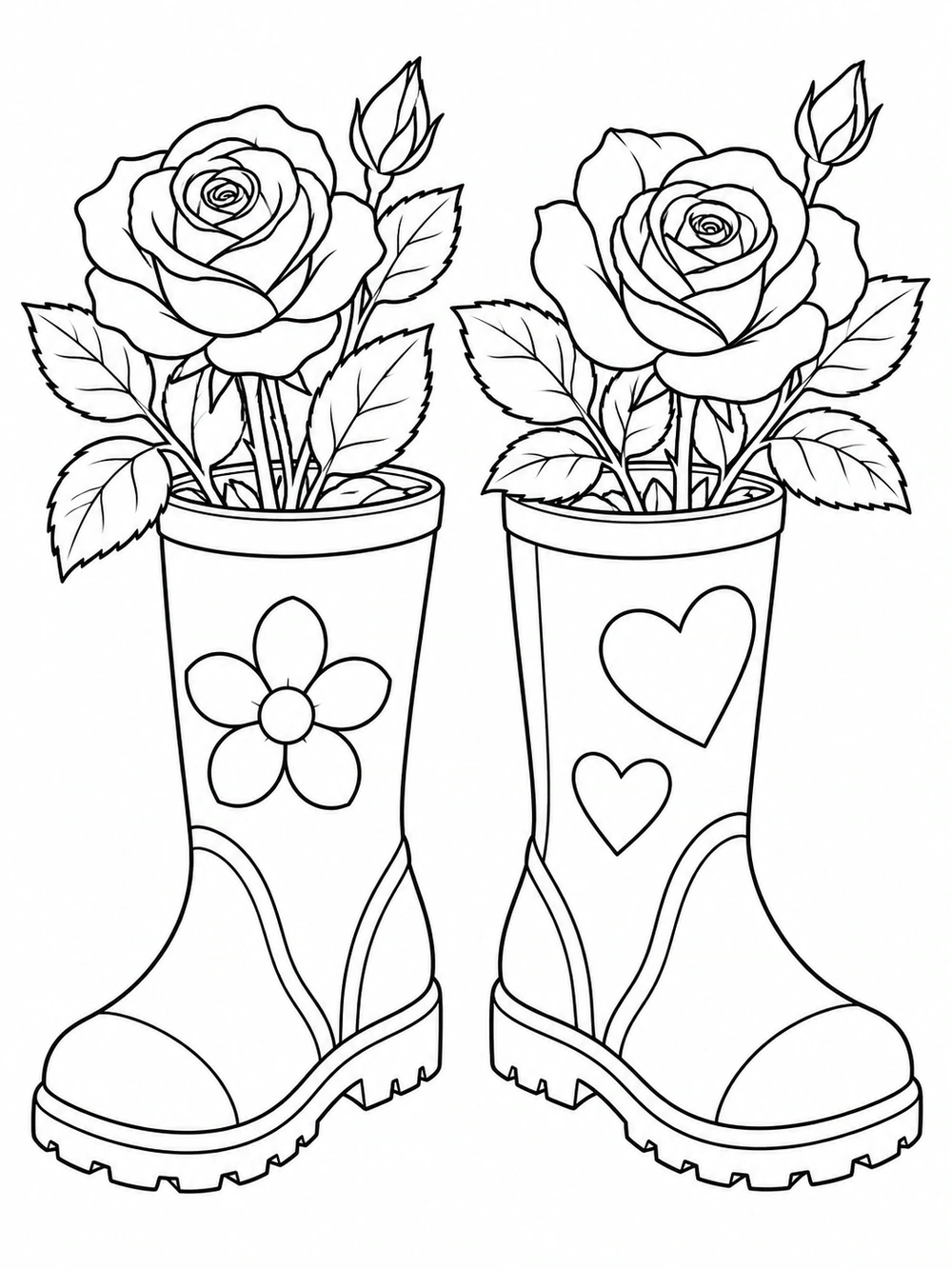 Two garden boots used as planters for roses and leaves.