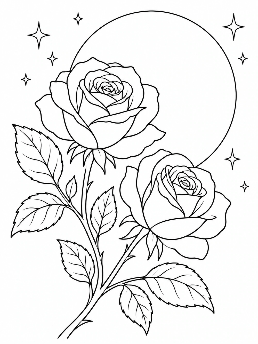 A curved rose branch with two open blooms and several leaves crossing a large outlined full moon, with a few stars around it.
