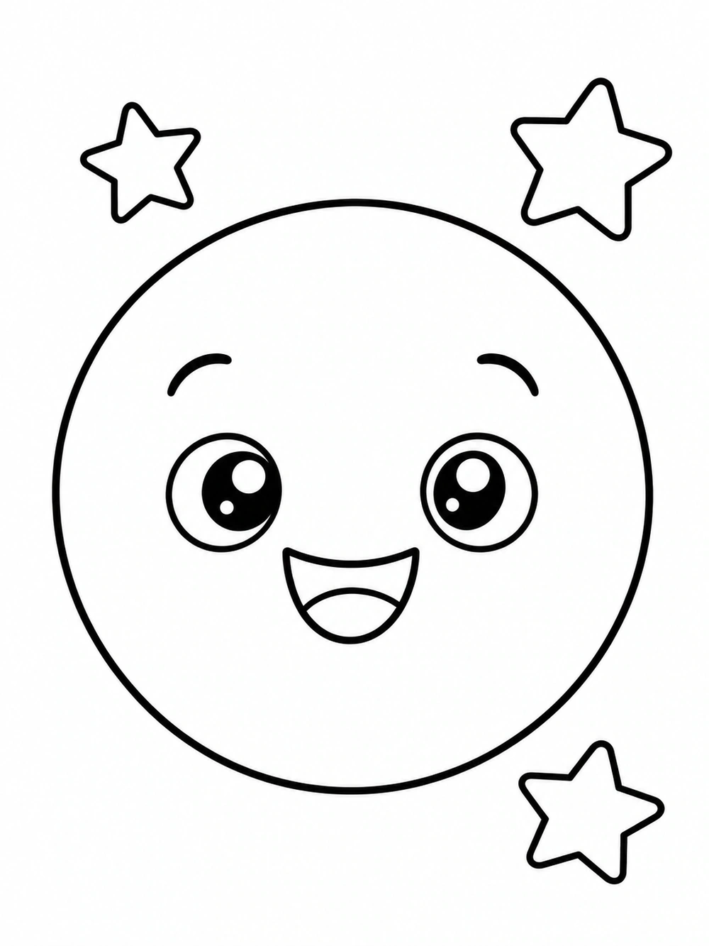 A smiling circle floating among three outlined stars.
