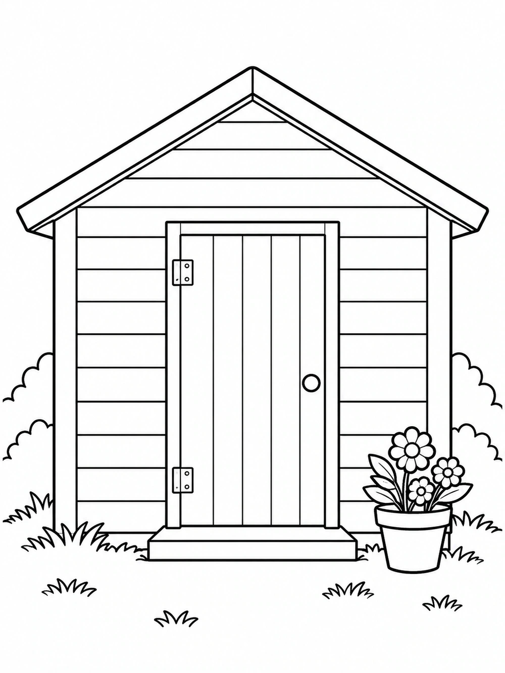 A square garden shed with a centered door and a flowerpot of flowers beside it.