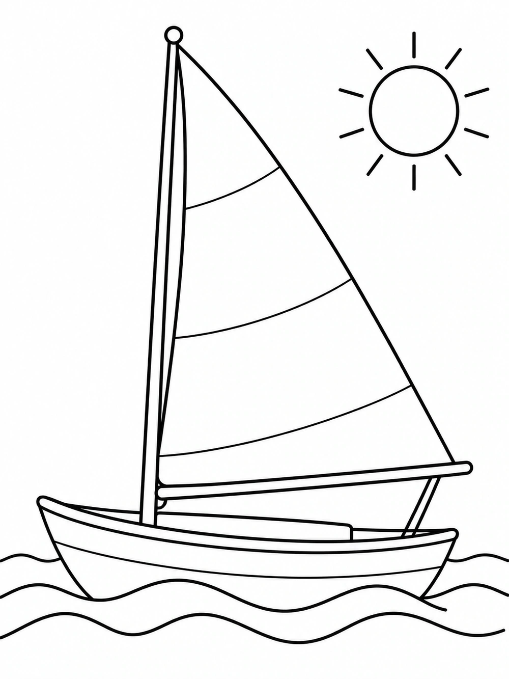 A large triangular sail on a small boat gliding over gentle waves, with an outlined sun above.