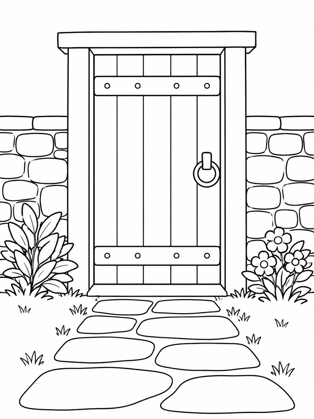 Black-and-white coloring page of a tall rectangular wooden doorway in a stone garden wall, with a path, leafy plants, and flowers.