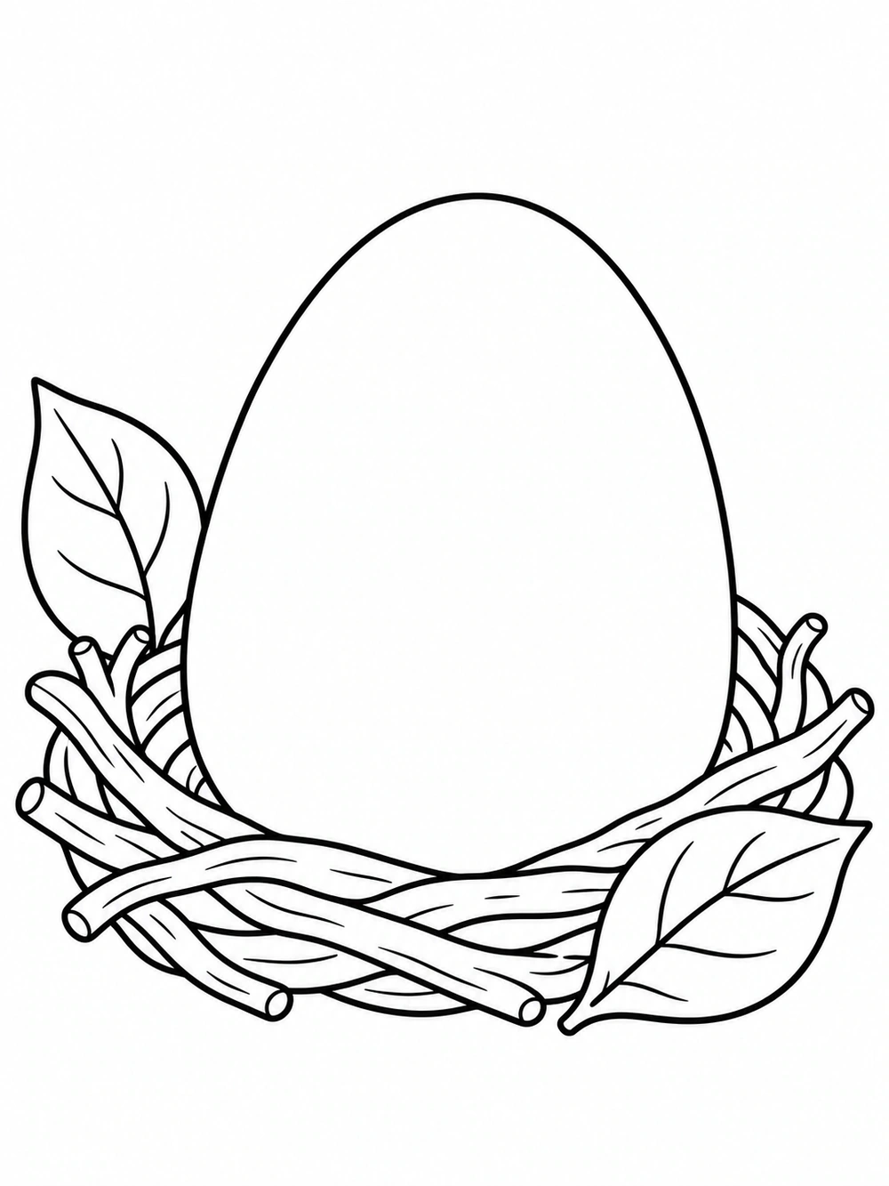 A large, unmarked oval egg nestled among curved twigs and two leaves.