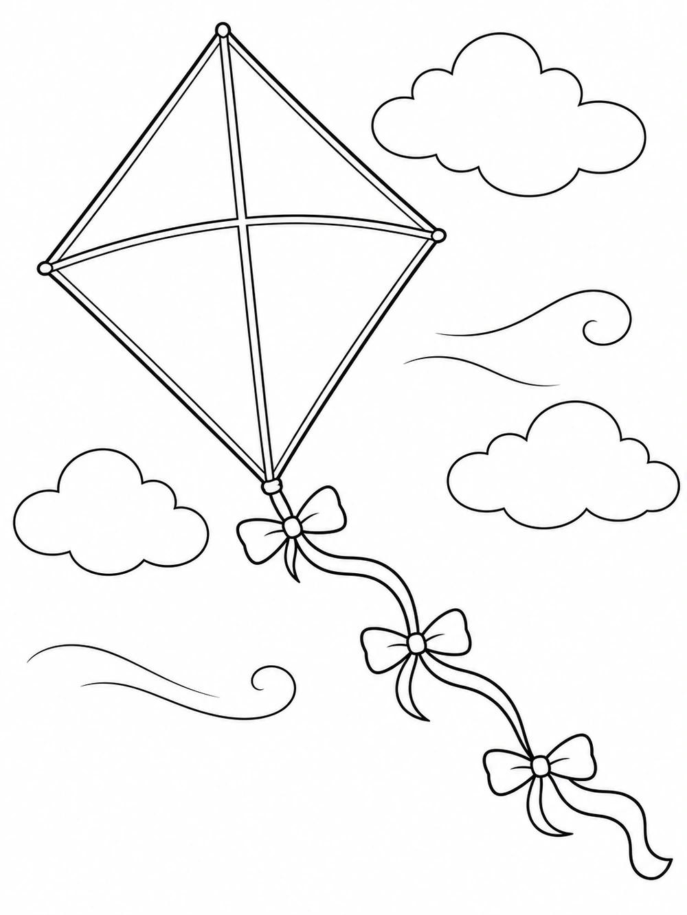 A large diamond-shaped kite with three bow ties on its curling tail, clouds, and simple breeze lines.