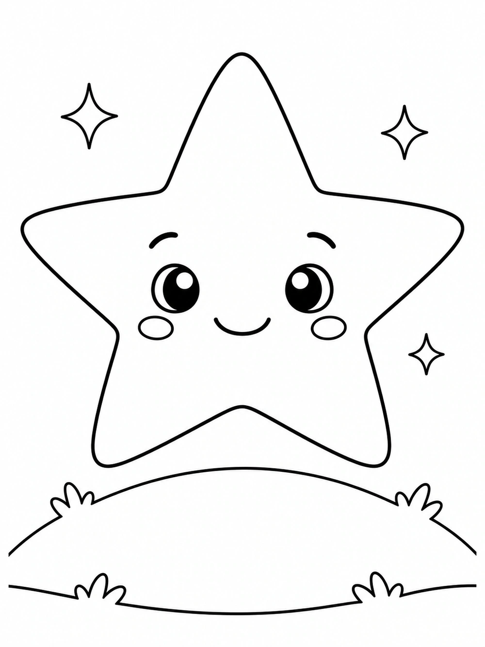A large smiling five-pointed star above a curved hill, with three small sparkles.