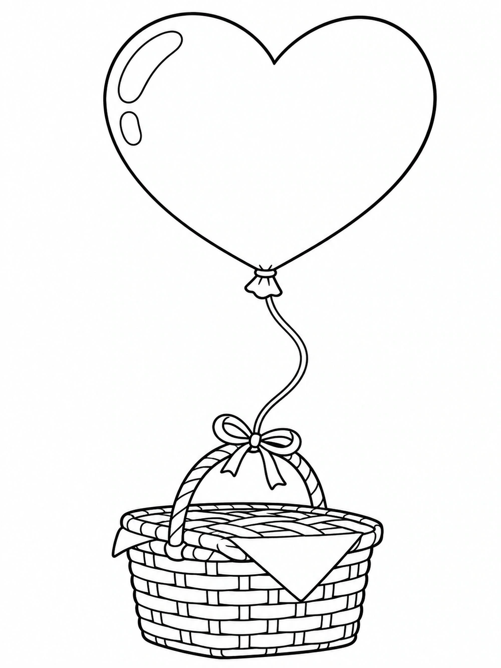 A large outlined heart-shaped balloon tied with a curved string to a woven picnic basket.